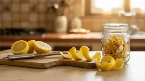 Bucce di limone su tagliere con limoni tagliati e barattolo di vetro pieno di scorze in cucina
