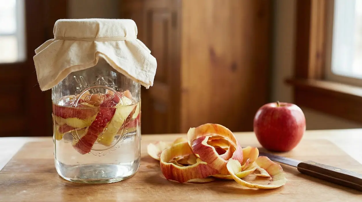 Barattolo di vetro con acqua e bucce di mela su un tagliere, con una mela intera e un coltello accanto