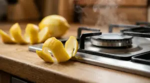 Buccia di limone appoggiata vicino ai fornelli di una cucina, con limone tagliato sul piano di lavoro