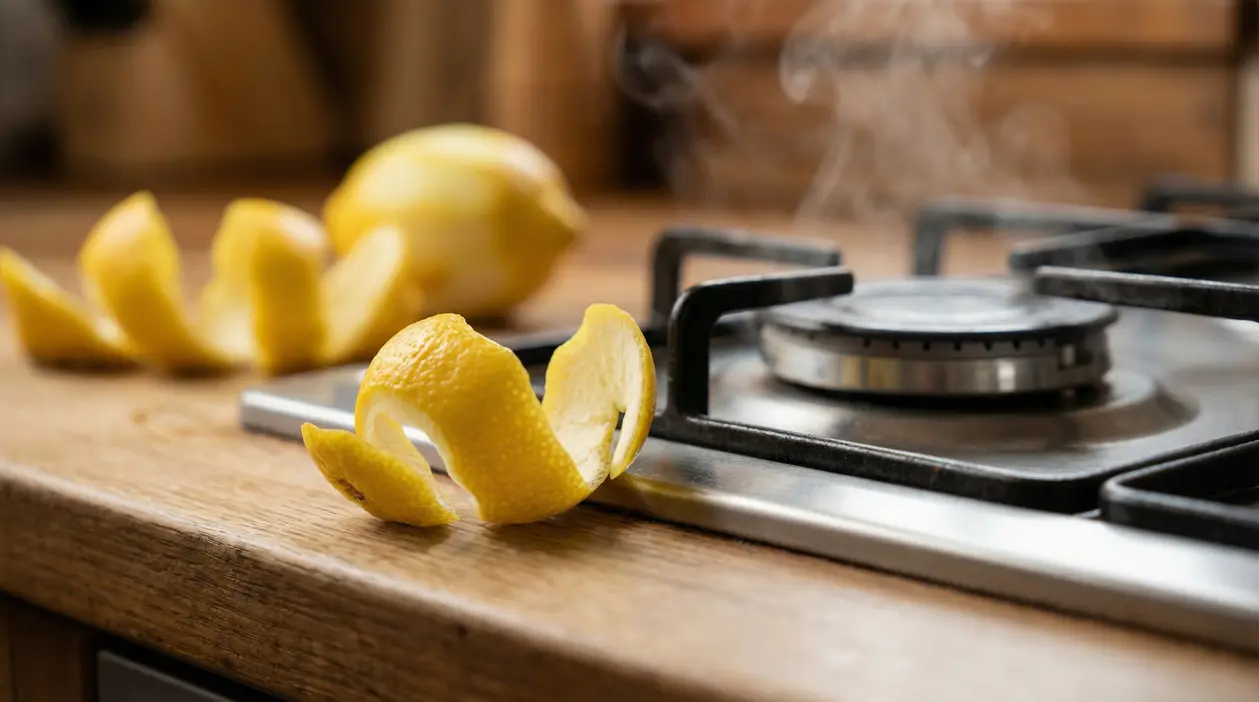 Buccia di limone appoggiata vicino ai fornelli di una cucina, con limone tagliato sul piano di lavoro