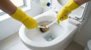 Guanti gialli che puliscono il wc con spazzolino e detergente per rimuovere il calcare dalla tazza