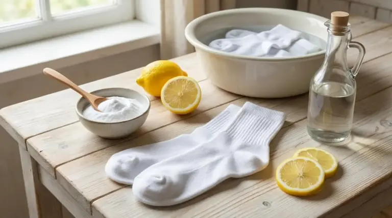 Calzini bianchi con limone, bicarbonato e ammollo in bacinella per sbiancarli senza candeggina