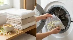 Asciugamani morbidi accanto a una tazza di camomilla e sacchetto di fiori inserito in lavatrice