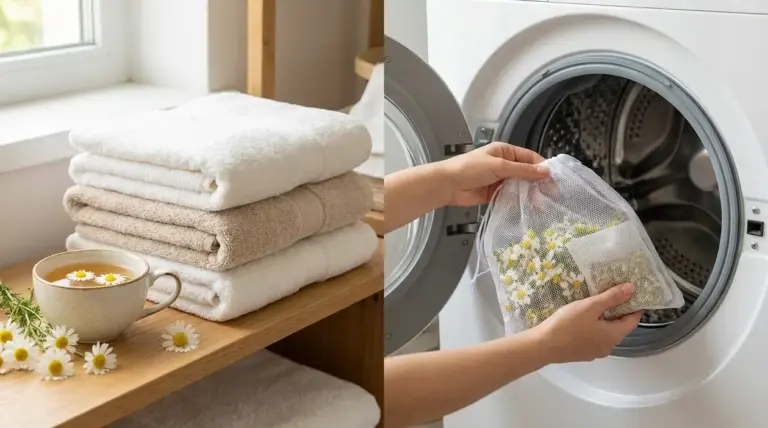 Asciugamani morbidi accanto a una tazza di camomilla e sacchetto di fiori inserito in lavatrice