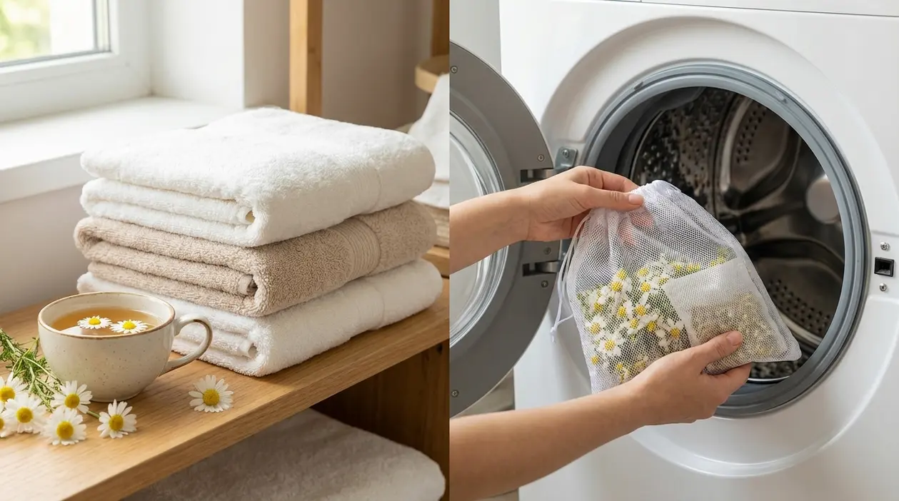 Asciugamani morbidi accanto a una tazza di camomilla e sacchetto di fiori inserito in lavatrice