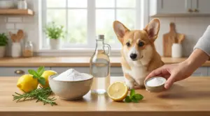 Cane in cucina accanto a aceto, bicarbonato, limoni e erbe aromatiche per eliminare i cattivi odori in casa