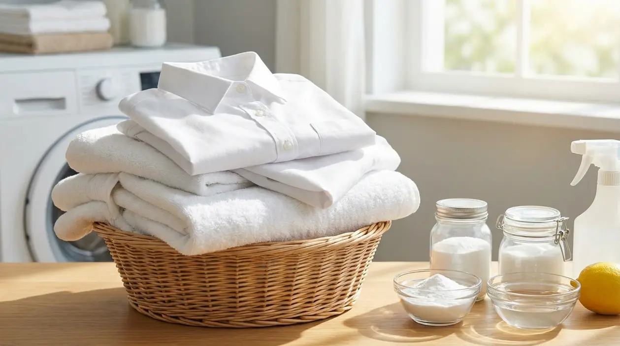Cesto con camicia e asciugamani bianchi piegati vicino a lavatrice, con ciotole e barattoli per rimedi sbiancanti
