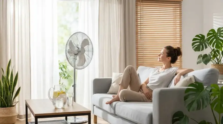 Donna rilassata sul divano vicino a un ventilatore in un soggiorno luminoso per tenere la casa fresca senza climatizzatore