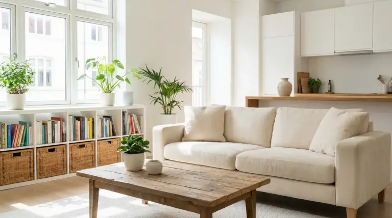 Soggiorno luminoso e ordinato con divano chiaro, libreria, cesti contenitori e piante vicino alla cucina