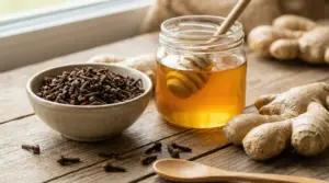 Ciotola di chiodi di garofano accanto a miele e zenzero su un tavolo di legno