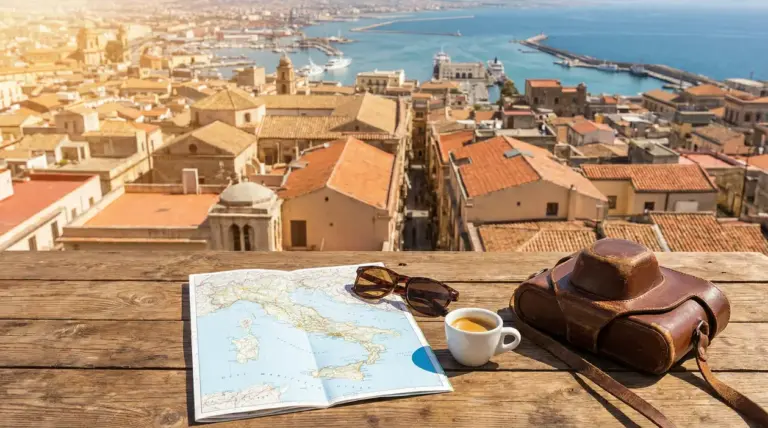 Vista panoramica di una città costiera italiana con mappa, caffè e macchina fotografica su un tavolo