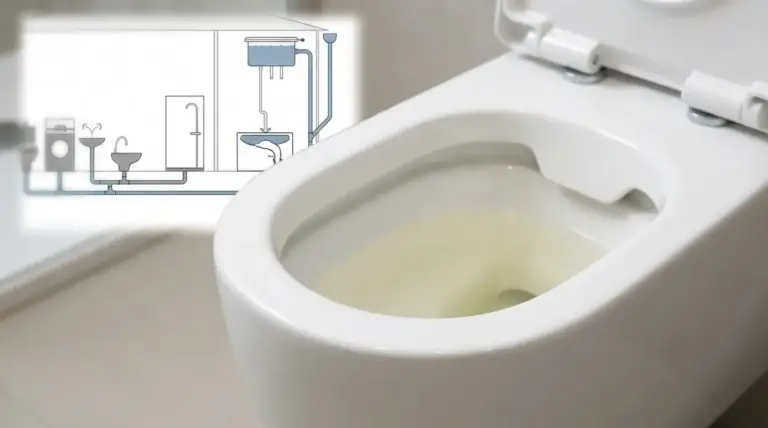 Primo piano di un WC con acqua leggermente giallastra, con schema di tubazioni idrauliche sullo sfondo