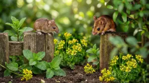 Due topi su una staccionata in giardino tra piante aromatiche e fiori gialli