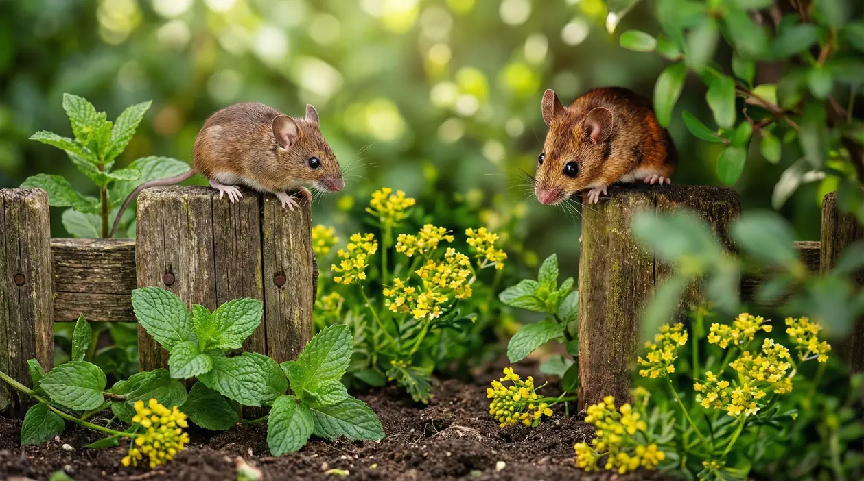 Due topi su una staccionata in giardino tra piante aromatiche e fiori gialli