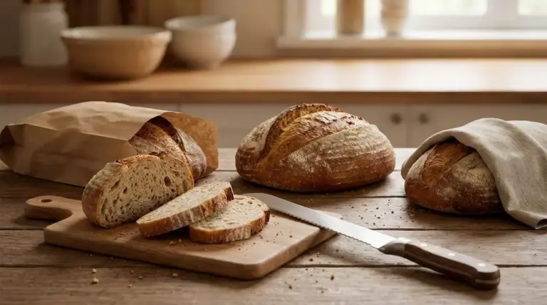 Pane artigianale su tavolo in cucina, con pagnotte, fette tagliate, sacchetto di carta e panno per conservarlo