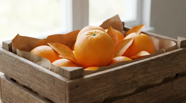 Cassetta di legno con arance fresche adagiate su carta, conservate a temperatura ambiente vicino a una finestra