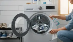 Persona che disinfetta la lavatrice dopo aver lavato le scarpe, con un paio di sneakers nel cestello
