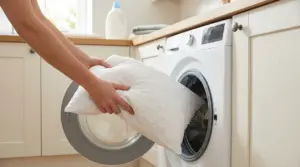 Una persona inserisce un cuscino bianco nella lavatrice per igienizzarlo ed eliminare gli acari