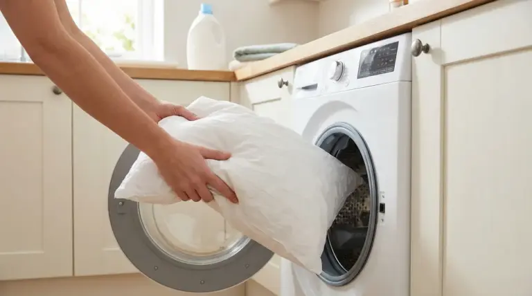 Una persona inserisce un cuscino bianco nella lavatrice per igienizzarlo ed eliminare gli acari