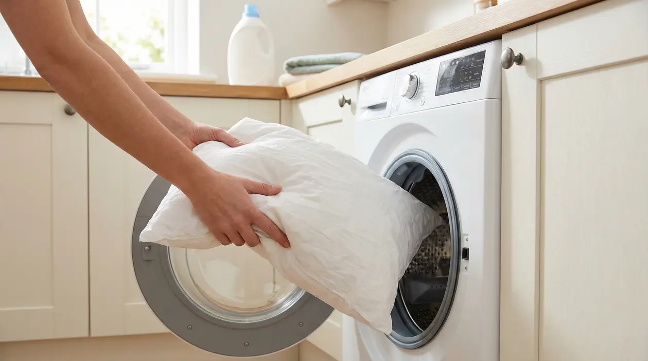 Una persona inserisce un cuscino bianco nella lavatrice per igienizzarlo ed eliminare gli acari