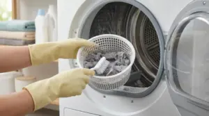 Pulizia del filtro dell’asciugatrice con lanugine per eliminare cattivi odori e migliorare l’efficienza
