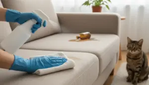Pulizia di una macchia di pipì sul divano con spray igienizzante e panno, mentre un gatto osserva accanto