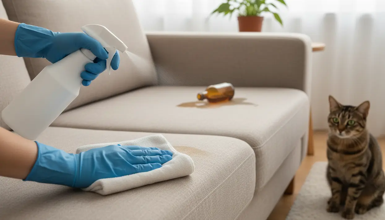 Pulizia di una macchia di pipì sul divano con spray igienizzante e panno, mentre un gatto osserva accanto
