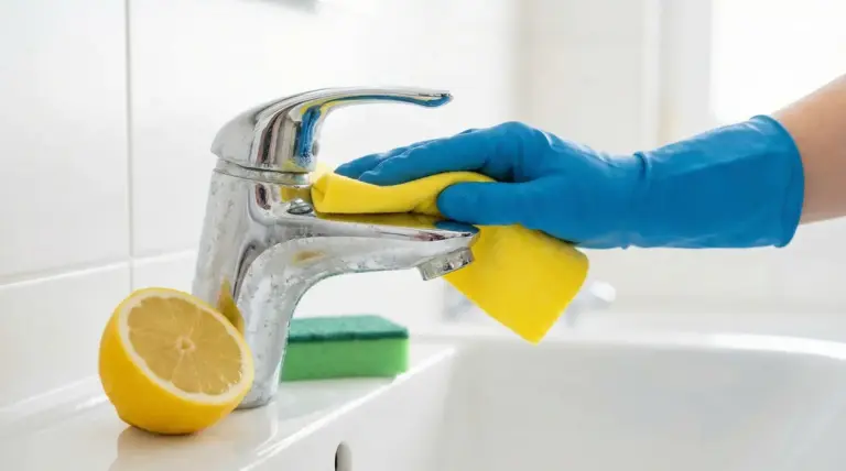 Mano con guanto pulisce il rubinetto del lavandino da macchie di calcare con panno giallo; limone sul bordo