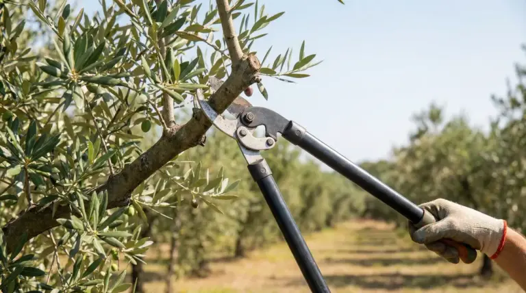 Potatura di un ramo di ulivo con cesoie a due mani in un uliveto