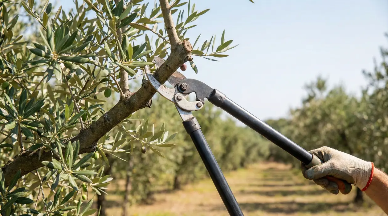 Potatura di un ramo di ulivo con cesoie a due mani in un uliveto