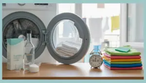 Lavatrice aperta con asciugamani, detergenti e panni piegati, in una scena sul bucato e la prevenzione della muffa