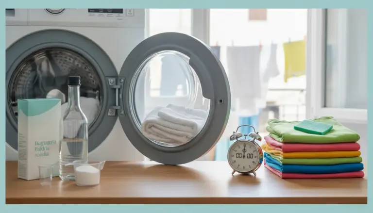 Lavatrice aperta con asciugamani, detergenti e panni piegati, in una scena sul bucato e la prevenzione della muffa
