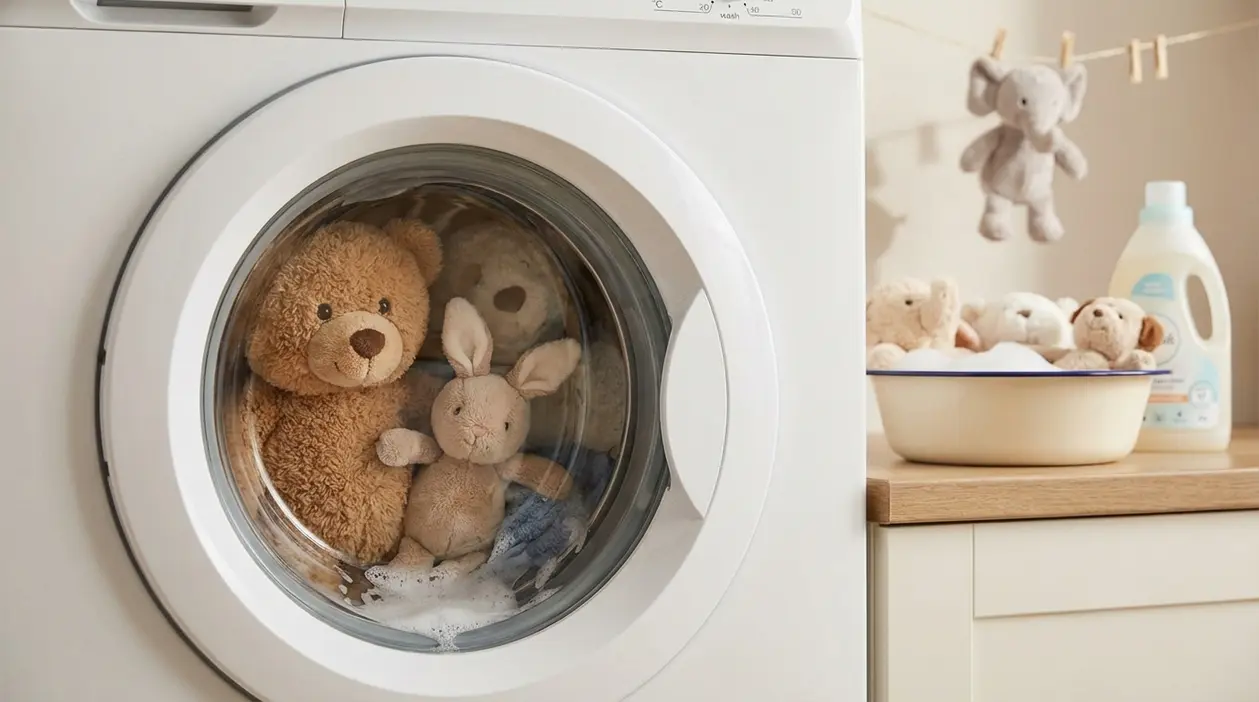 Peluche nella lavatrice a carica frontale durante un lavaggio delicato, con altri pupazzi e detersivo sullo sfondo.
