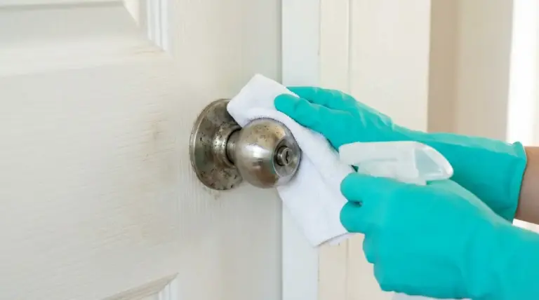 Mani con guanti puliscono una maniglia rotonda opaca con panno e detergente su una porta bianca