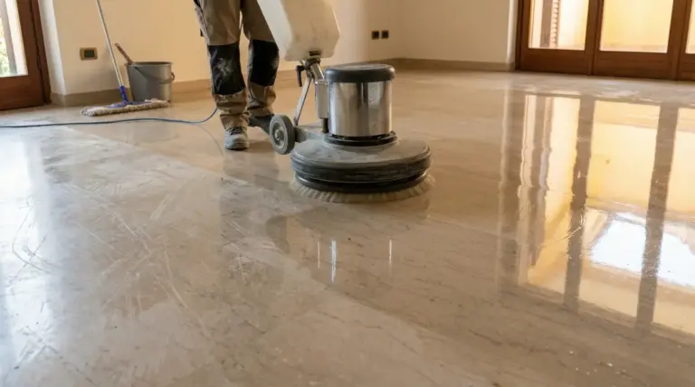 Persona che lucida un pavimento in marmo con una monospazzola in una stanza luminosa