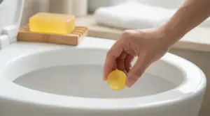 Una mano mette un sapone giallo nel WC, con una saponetta gialla appoggiata accanto.