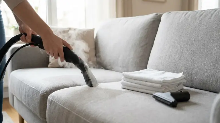 Persona che igienizza un divano in tessuto con un pulitore a vapore in salotto