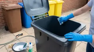 Persona con guanti pulisce un bidone della spazzatura all’aperto con panno, secchio e detergente