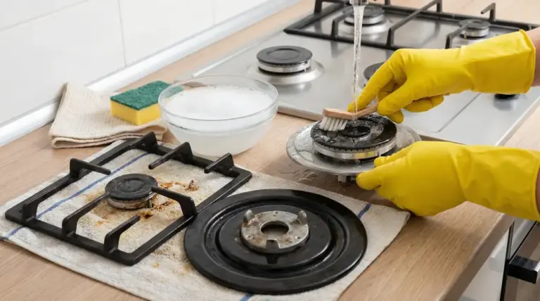 Pulizia di un bruciatore a gas con guanti gialli e spazzola sotto acqua corrente