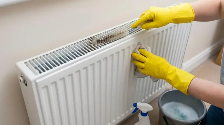 Pulizia di un calorifero: una persona con guanti gialli spolvera le griglie e passa un panno sul radiatore