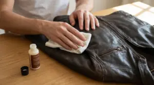 Persona che pulisce un giubbotto di pelle scuro con un panno su un tavolo di legno