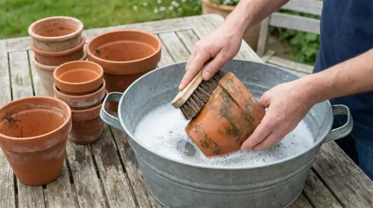Mani che puliscono un vaso di terracotta con spazzola e acqua saponata in una bacinella, con altri vasi sul tavolo