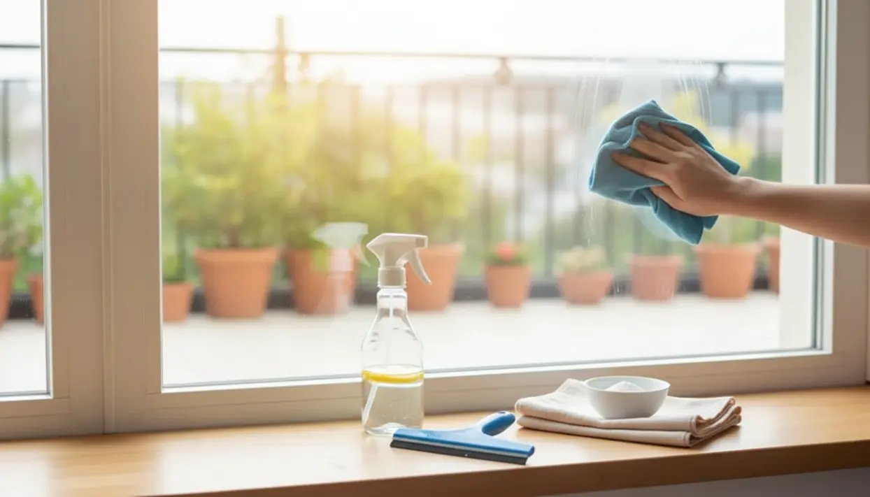 Mano che pulisce una finestra con panno in microfibra, spray e tergivetro sul davanzale
