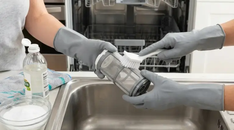 Pulizia del filtro della lavastoviglie con spazzola, aceto e bicarbonato vicino al lavello