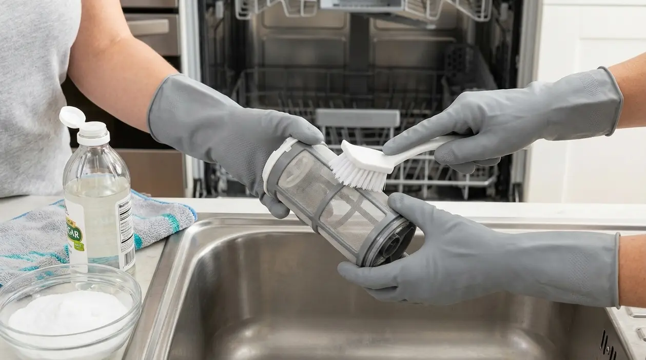 Pulizia del filtro della lavastoviglie con spazzola, aceto e bicarbonato vicino al lavello