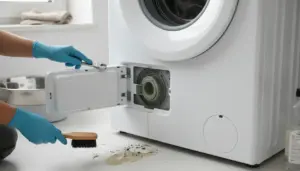 Pulizia del filtro nascosto della lavatrice con sportello aperto e acqua sporca sul pavimento