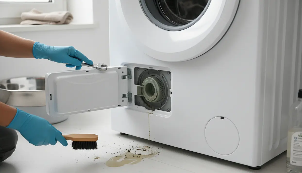Pulizia del filtro nascosto della lavatrice con sportello aperto e acqua sporca sul pavimento