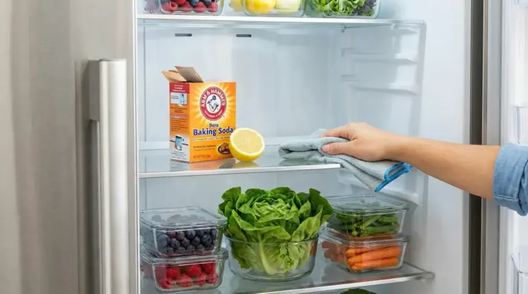 Mano che pulisce il ripiano del frigorifero con panno, limone e bicarbonato per eliminare i cattivi odori