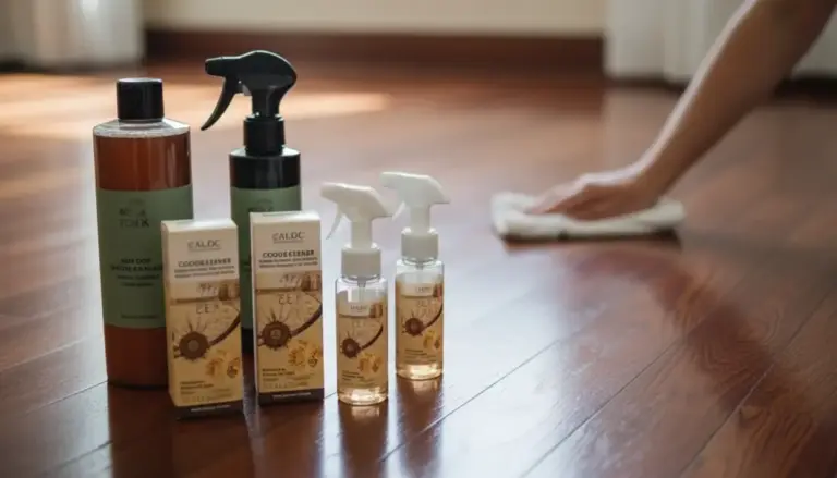 Prodotti per pulire il pavimento in legno mentre una persona passa un panno sulla superficie