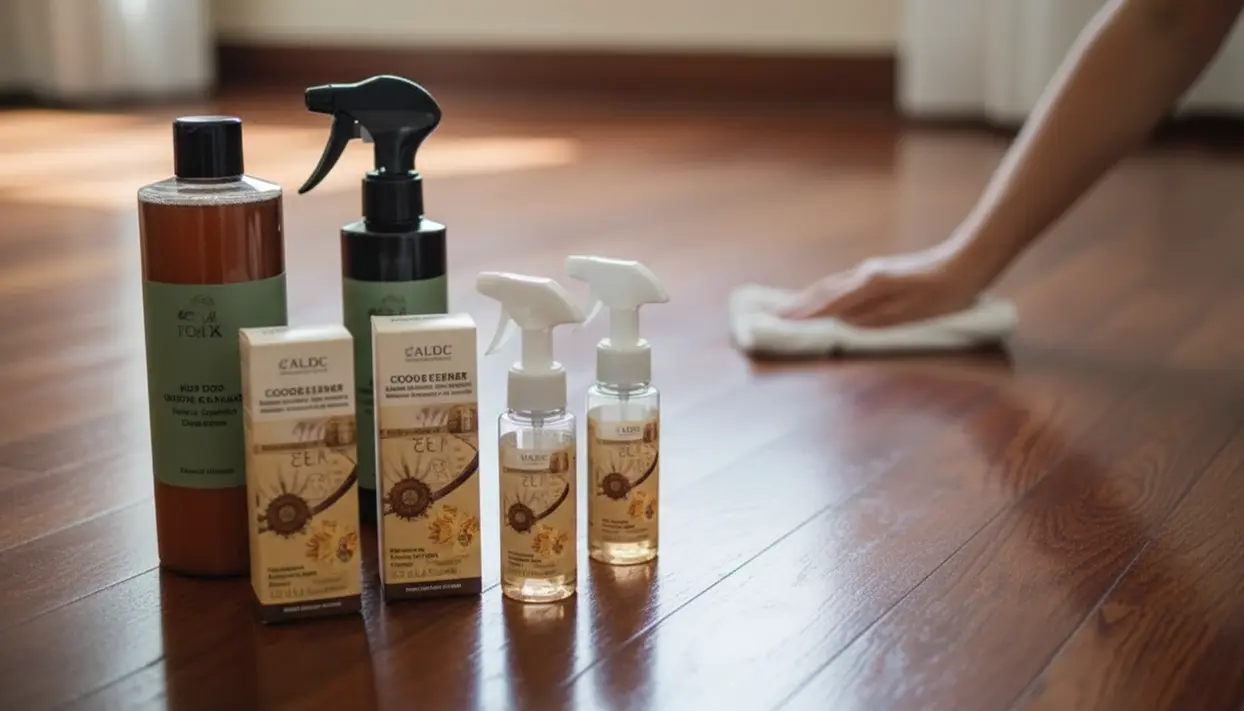 Prodotti per pulire il pavimento in legno mentre una persona passa un panno sulla superficie